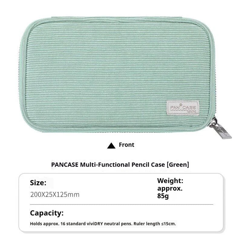 A light green multi-functional pencil case with a ribbed texture and a fold-out tray.