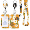 A yellow and orange patterned badge reel with a sunflower design and a black neck strap lanyard.