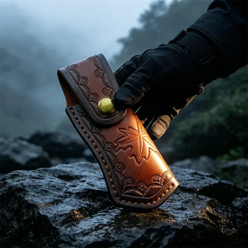A close-up of a brown leather knife sheath with a belt loop and a jade-colored stone, held by a gloved hand on a dark rock.