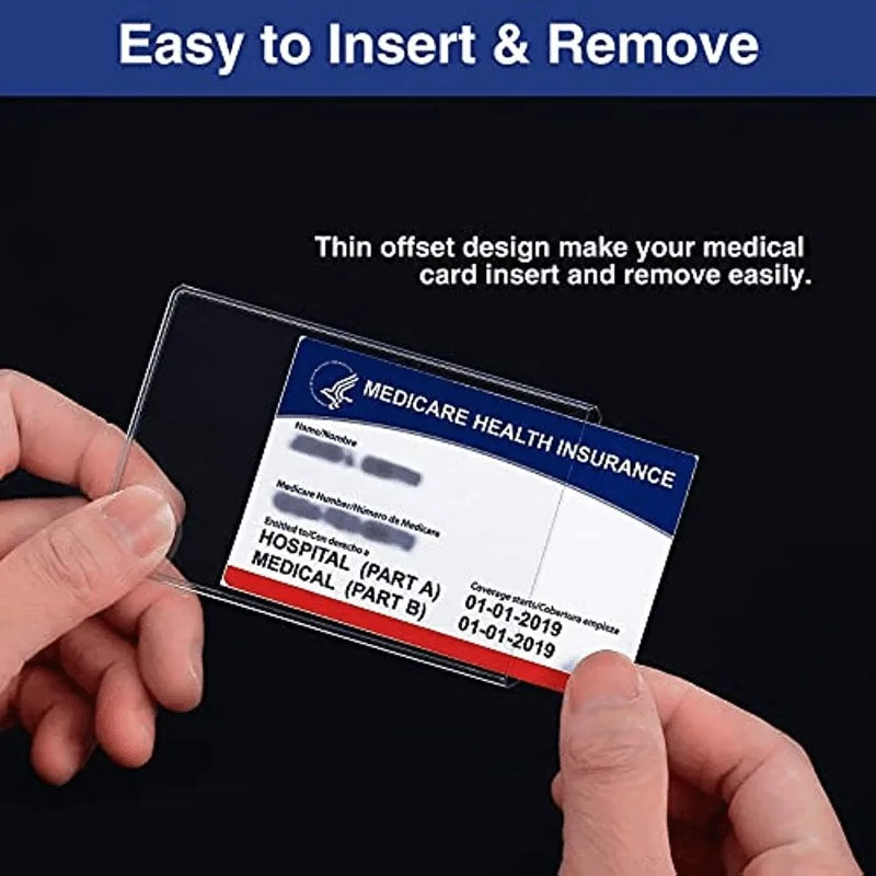 A hand is inserting a thin offset design medical card insert into a plastic sleeve for easy insertion and removal.