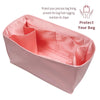 A pink luxury bag organizer insert with silk lining designed to protect and maintain the shape of a bag.