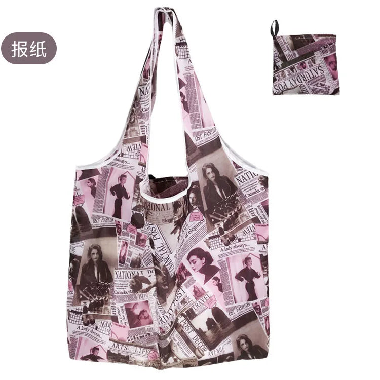 A reusable eco tote shopping bag featuring a collage of magazine and newspaper clippings.