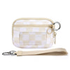 A beige checkered zippered wallet with a clear window and a matching leather keychain strap.