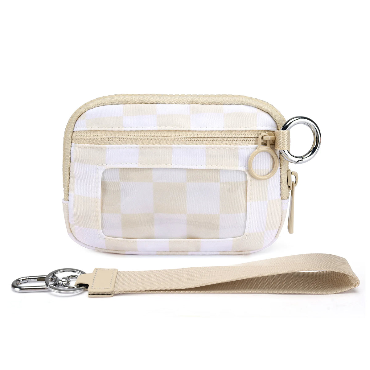 A beige checkered zippered wallet with a clear window and a matching leather keychain strap.