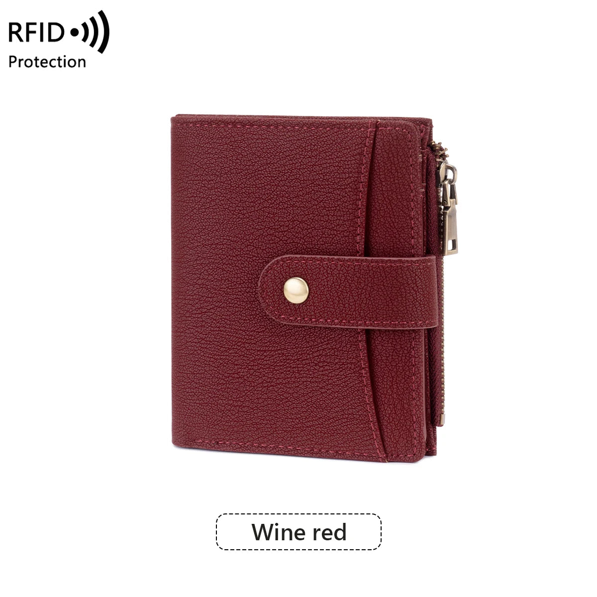 A maroon women's RFID-blocking compact bi-fold zipper wallet.