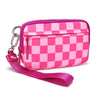 Pink checkered multi-card wallet with a clear ID window and pink strap