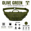 Olive green tactical sling bag with MOLLE system and multi-pocket design