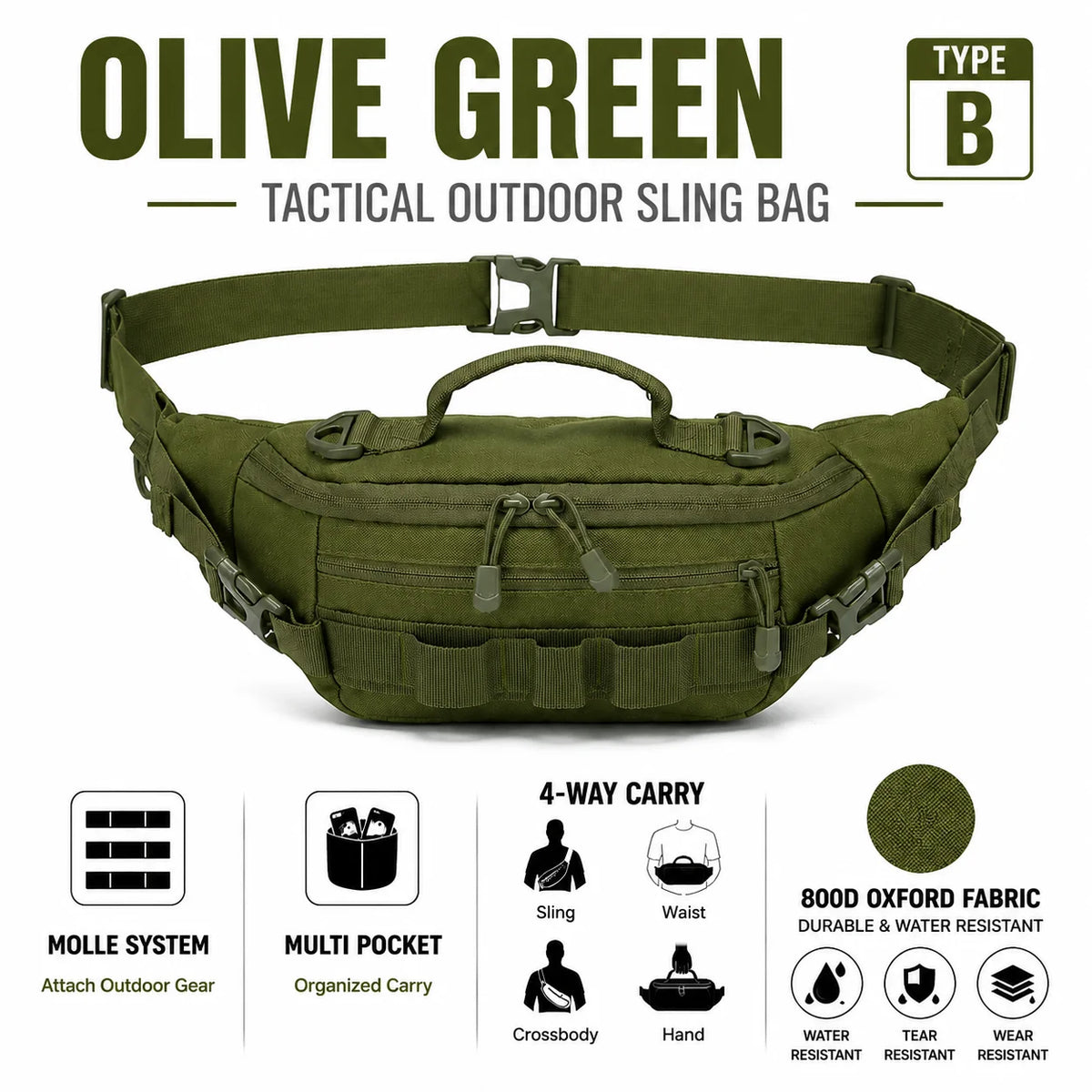 Olive green tactical sling bag with MOLLE system and multi-pocket design