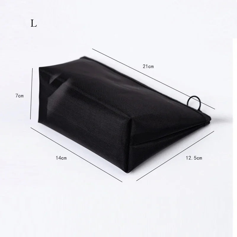 Black portable mesh cosmetic storage pouch shown from the side with dimensions 21cm long and 7cm high.