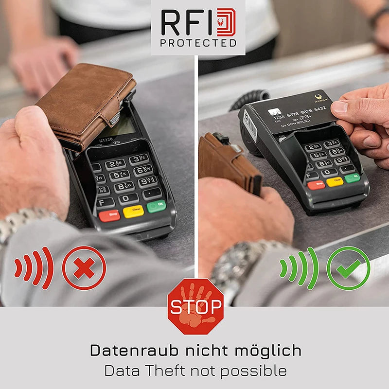 A hand holds a brown leather RFID blocking card wallet next to a smartphone, demonstrating data theft protection.
