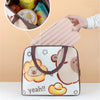A pink and white cartoon capybara insulated lunch bag is shown with a detail view of its interior.