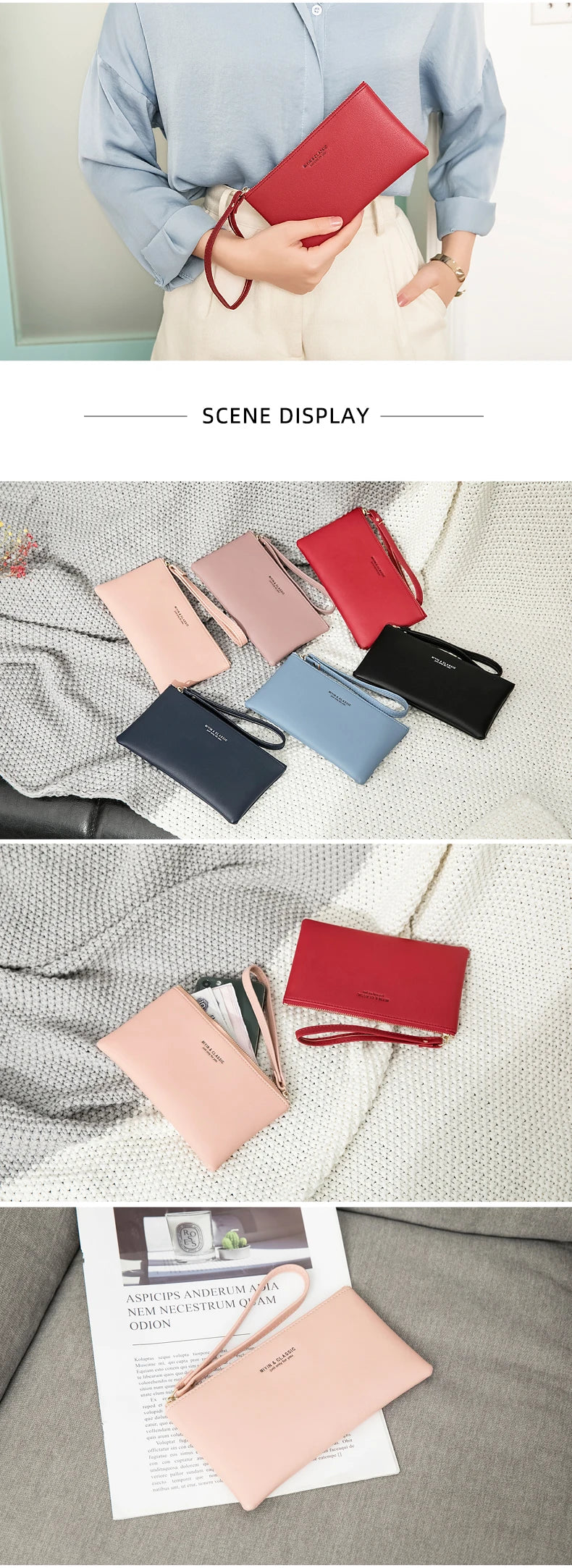 Eine Kollektion minimalistischer PU-Leder-Zip-Wallets in Rosa-, Rot- und Blautönen auf weißem Hintergrund.