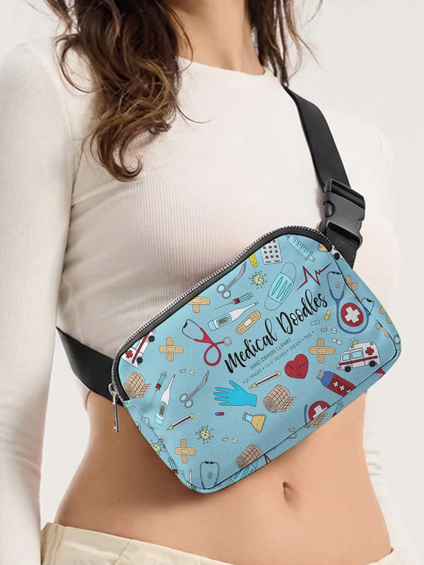 A woman wearing a white top holds a blue medical doodle print crossbody waist bag.