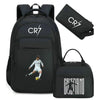 Black sports laptop backpack featuring a CR7 graphic and an attached rain cover.
