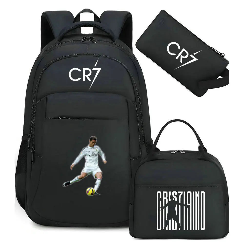 Black sports laptop backpack featuring a CR7 graphic and an attached rain cover.