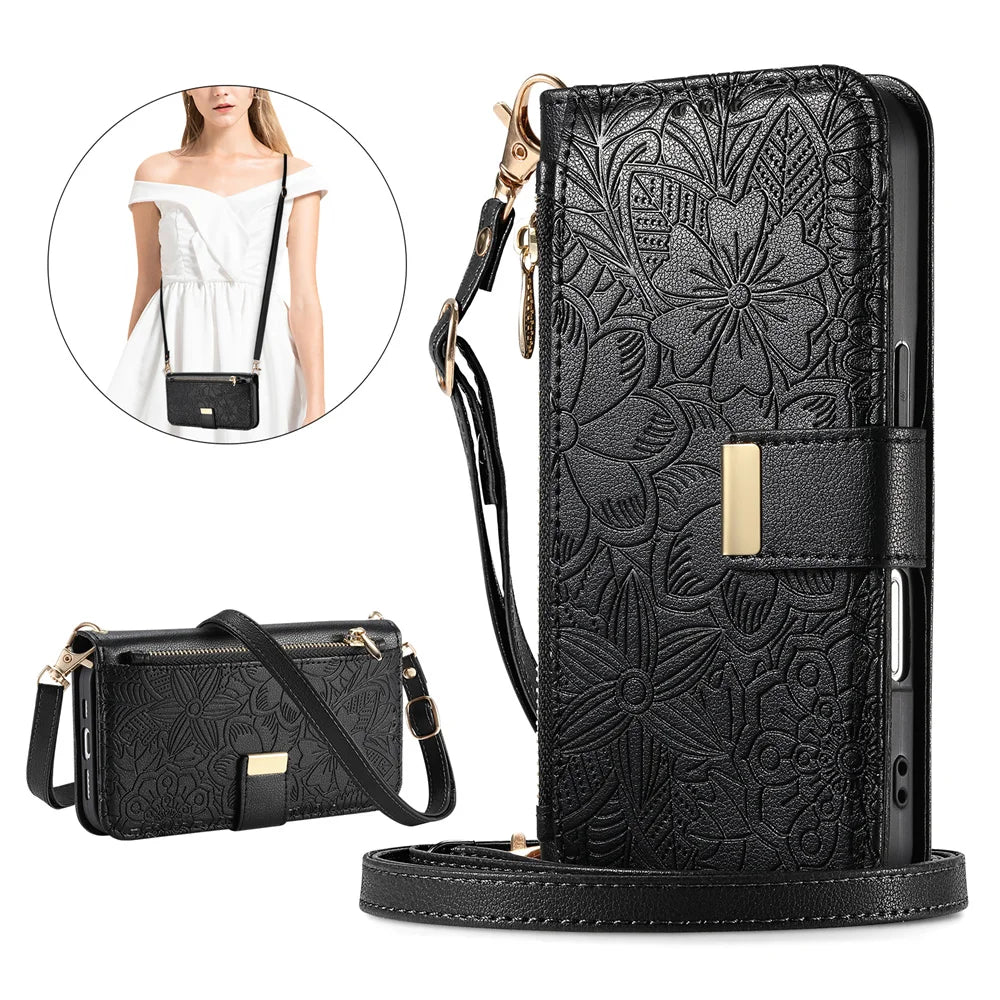 Black zippered leather crossbody phone wallet case for iPhone with gold hardware