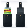 Black genuine leather slim card holder with a leather strap and multiple cards visible.