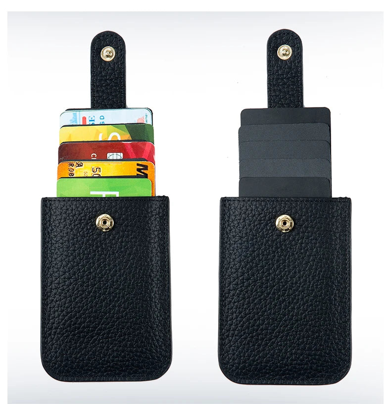 Black genuine leather slim card holder with a leather strap and multiple cards visible.
