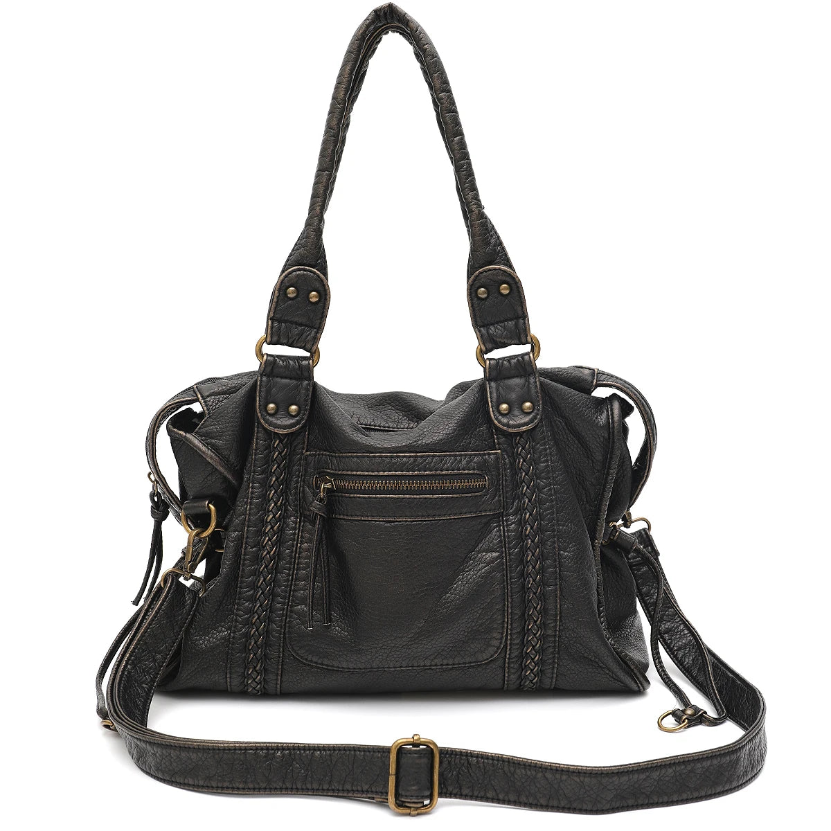 Schwarze Vintage-PU-Leder-Tasche mit mehreren Reißverschlüssen und Lederriemen.