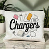 A white zippered pouch filled with various electronic chargers and cables resting on a marble surface.