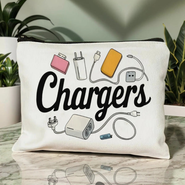 A white zippered pouch filled with various electronic chargers and cables resting on a marble surface.