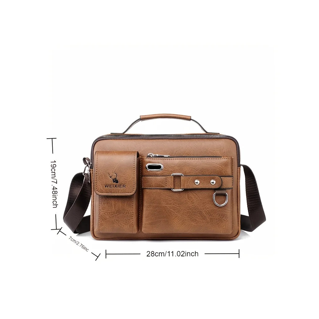 Sac bandoulière en faux cuir marron avec poignée supérieure et sangle réglable, vue de face.