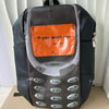 A dark gray backpack featuring a keypad design on the front, suitable for a vintage Y2K telephone theme.