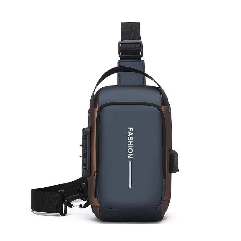 A dark blue and brown durable men's oxford sling bag with a black strap is shown against a white background.