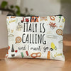 A white zippered makeup bag featuring text and illustrations related to Italy, including 'Italy is calling' and Italian motif