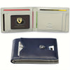 A beige slim leather card holder with a geometric design shown in two views.
