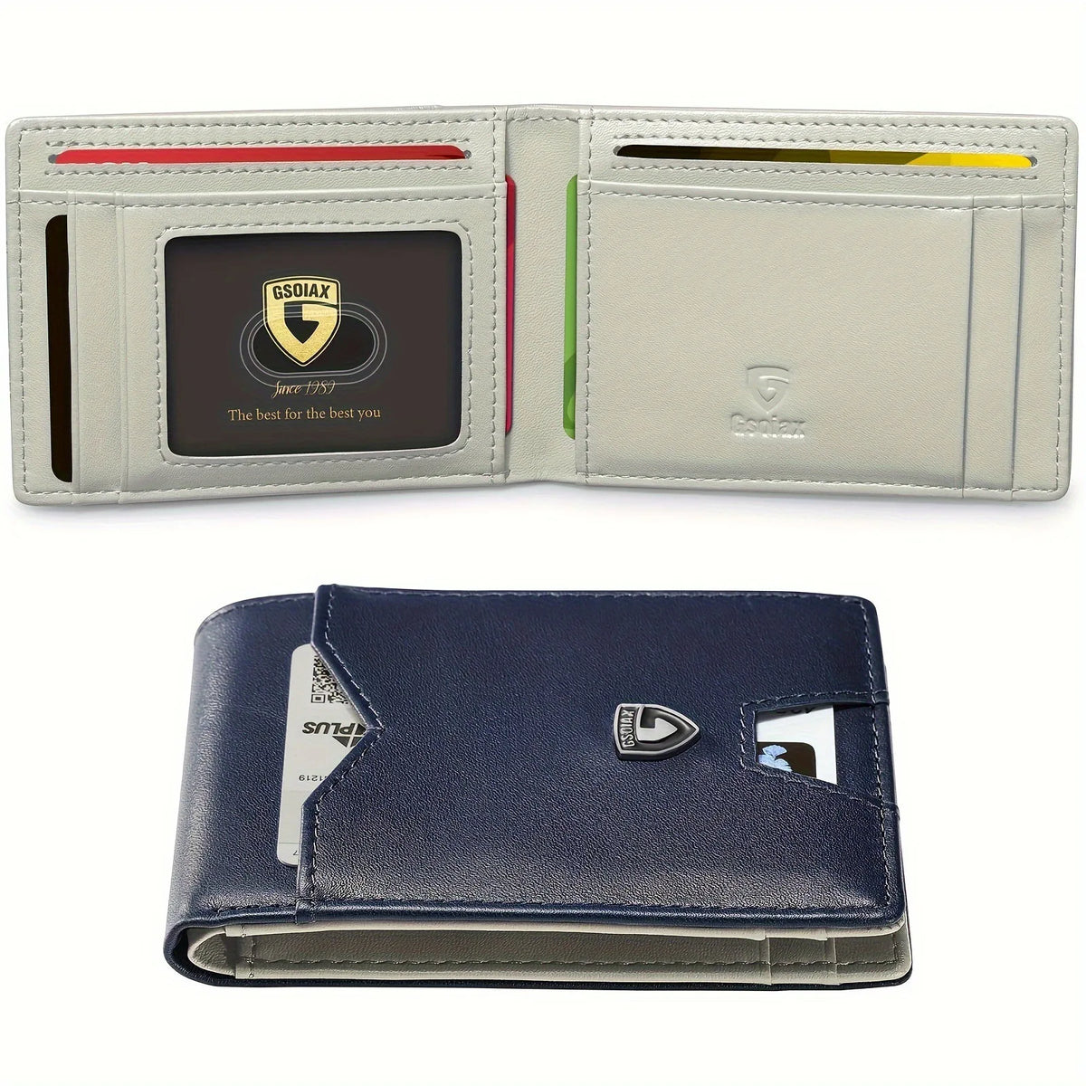 A beige slim leather card holder with a geometric design shown in two views.