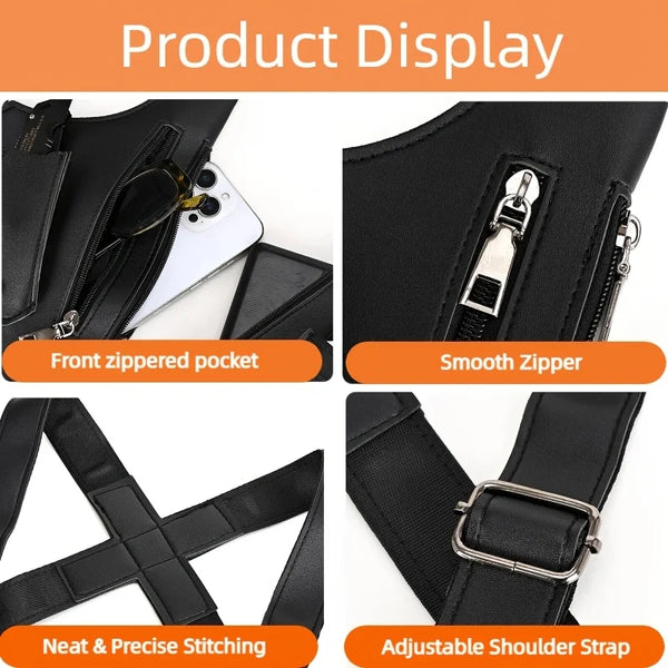 Black vintage tactical chest bag display showing front zippered pocket, smooth zipper, neat stitching, and adjustable shoulde