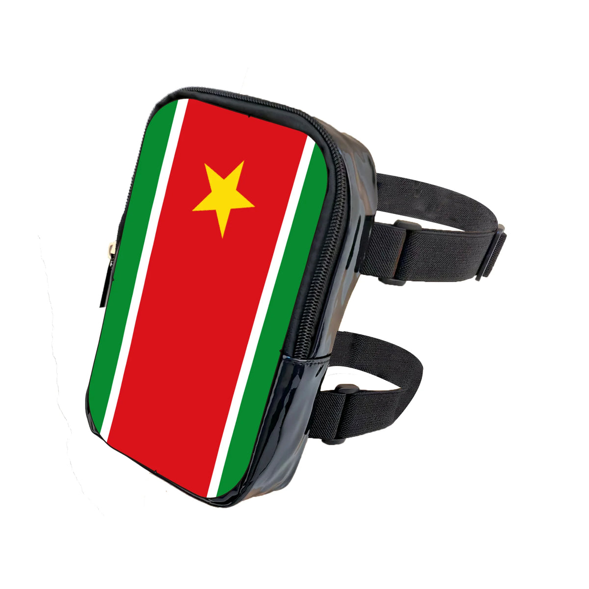A black adjustable PU waist pouch featuring the flag of São Tomé and Príncipe on a red, green, and yellow background.
