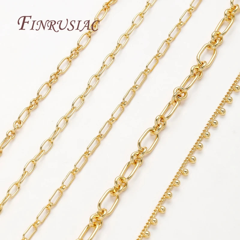 Multiple strands of 18K gold plated jewelry chains for DIY crafting displayed against a white background.