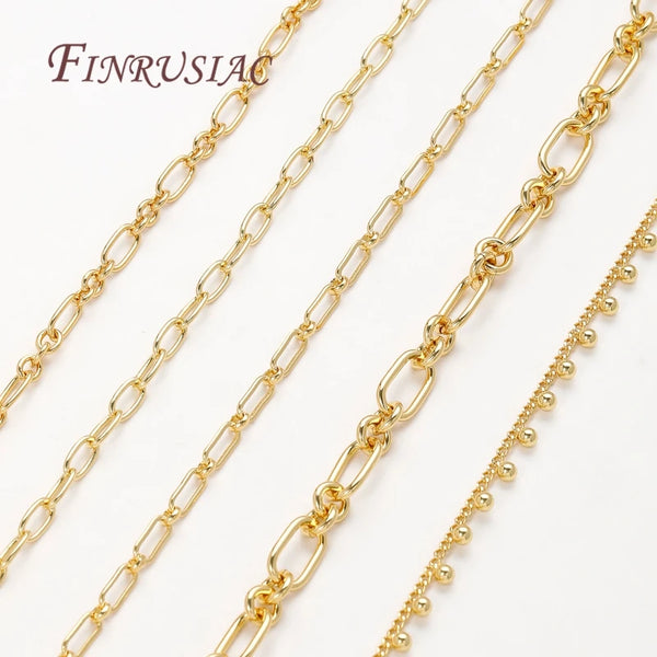 Multiple strands of 18K gold plated jewelry chains for DIY crafting displayed against a white background.