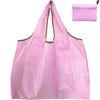 Pink and white striped foldable oxford grocery tote bag with a matching striped pouch.