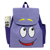 A purple flannel backpack featuring a smiling cartoon face design.