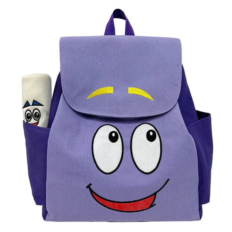 A purple flannel backpack featuring a smiling cartoon face design.
