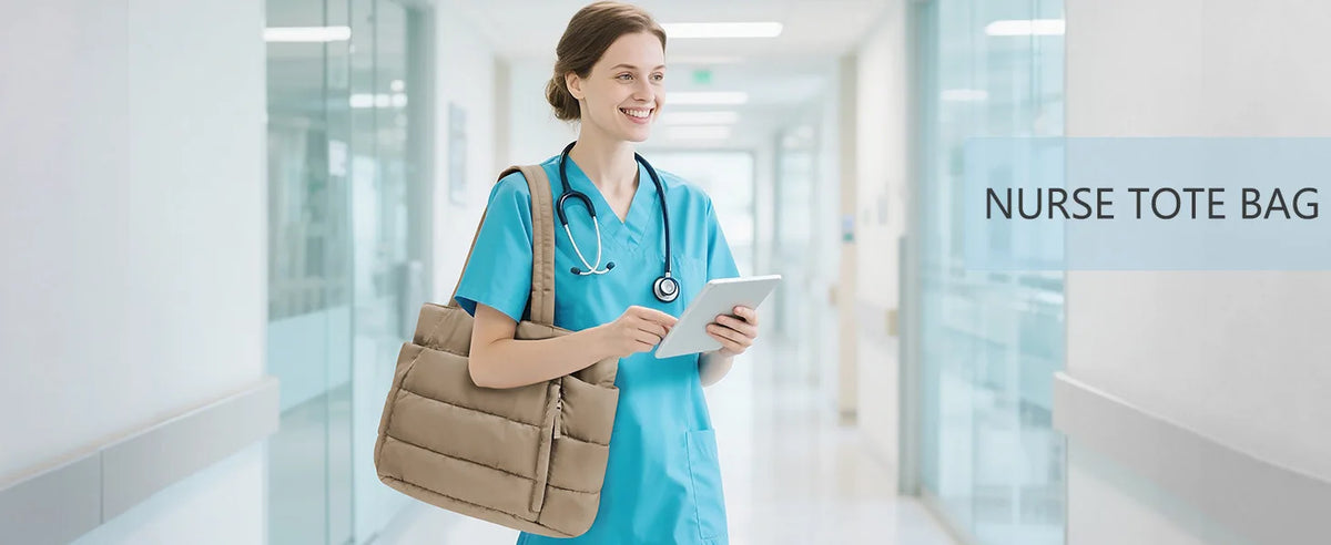 A nurse in blue scrubs holds a tablet and carries a beige quilted multi-compartment tote bag in a brightly lit hospital hallw