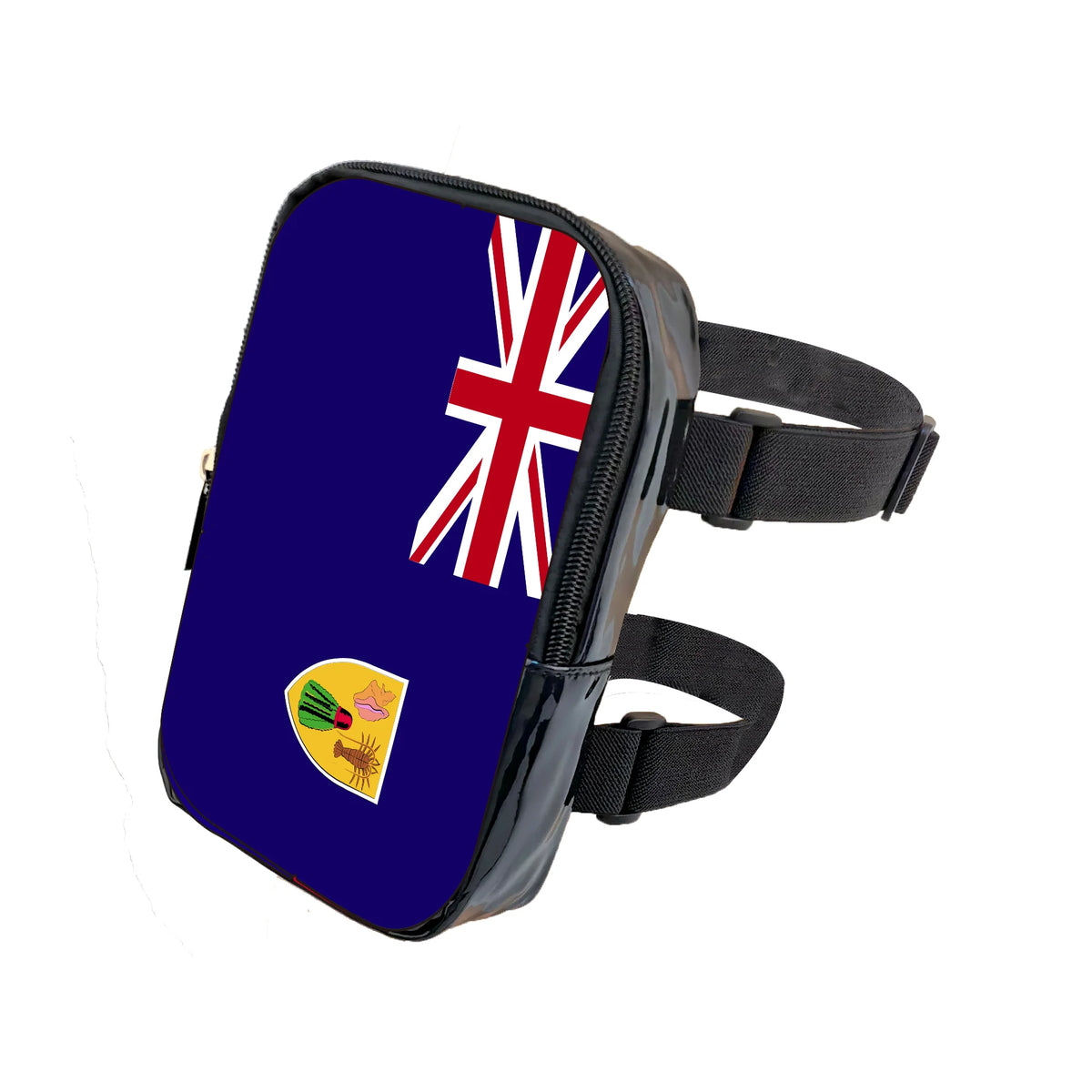 A dark blue pouch with a Union Jack design is shown attached to a black strap.