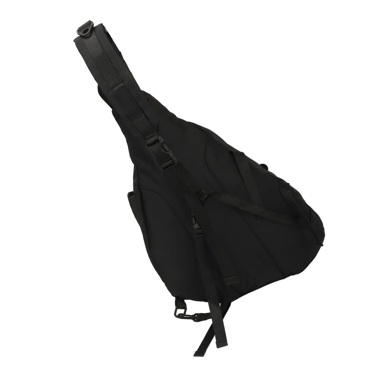 Schwarze, strapazierfähige, wasserdichte Oxford-Slingbag, seitliche Ansicht.