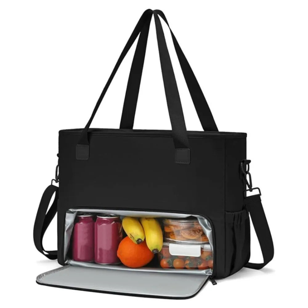 Black insulated 2-in-1 lunch tote bag with a laptop compartment and storage for essentials