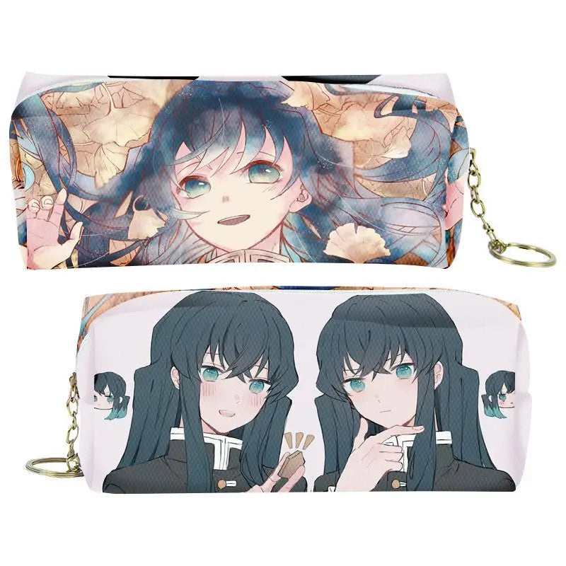 A cosmetic pencil case featuring illustrations of Demon Slayer characters in watercolor style.