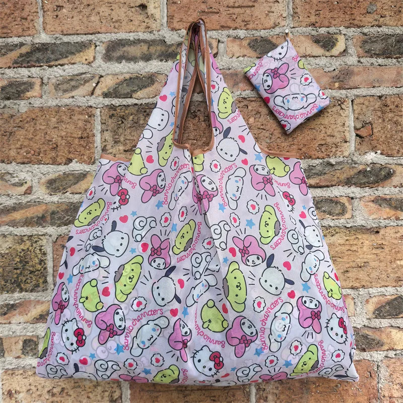 A pink and white reusable shopping bag featuring cute animal characters like pandas and bunnies on a brick background.