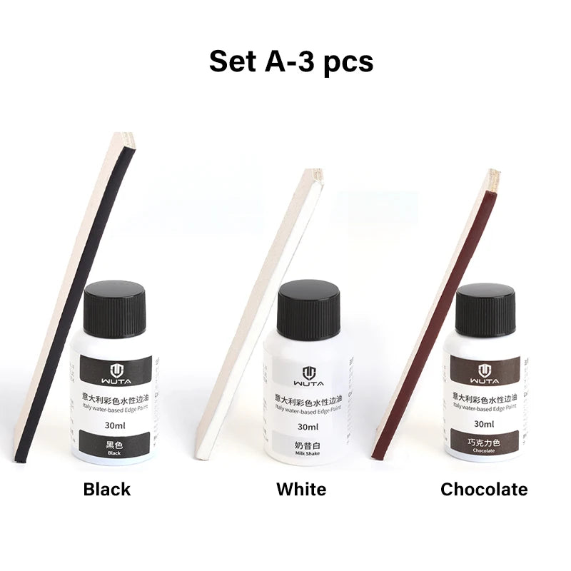 Ensemble de trois bouteilles d'huile de peinture au cuir WUTA aux couleurs noir, blanc et chocolat
