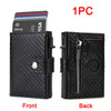 A black carbon fiber wallet with an RFID blocking feature and an Airtag slot shown from the front and back.