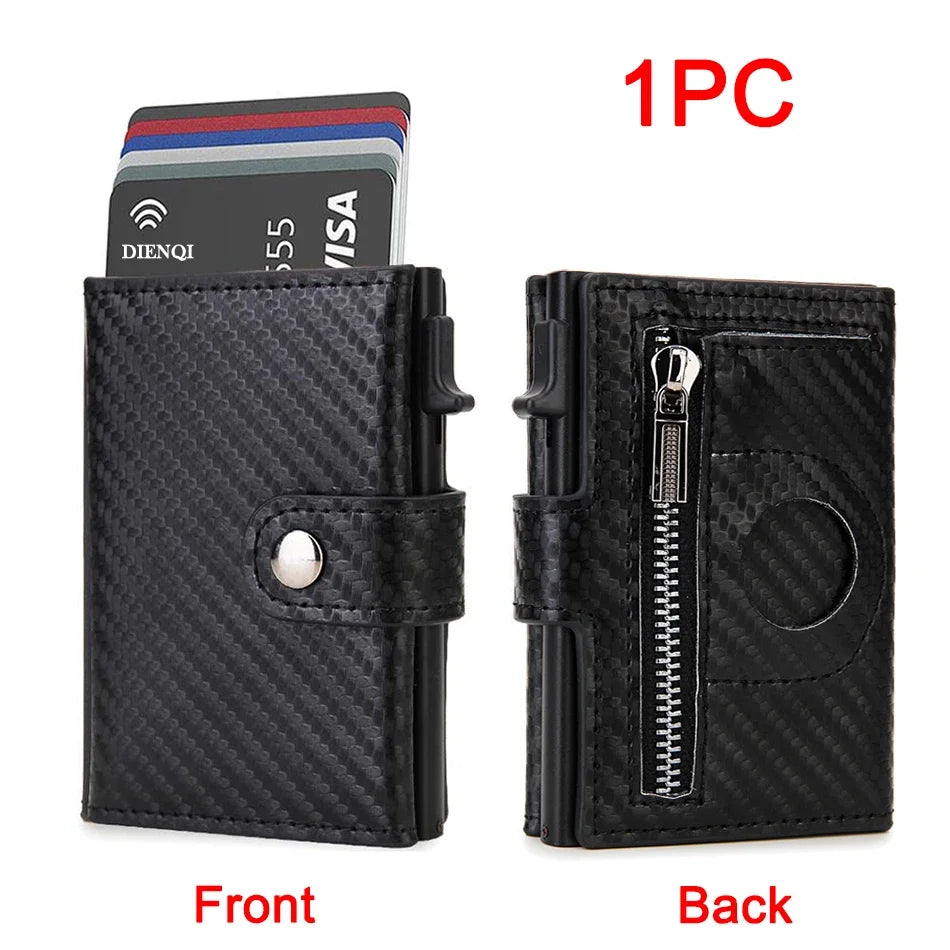 A black carbon fiber wallet with an RFID blocking feature and an Airtag slot shown from the front and back.