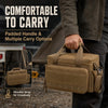 A person holds a tan padded tool bag with multiple carry options, demonstrating its comfortable to carry features.