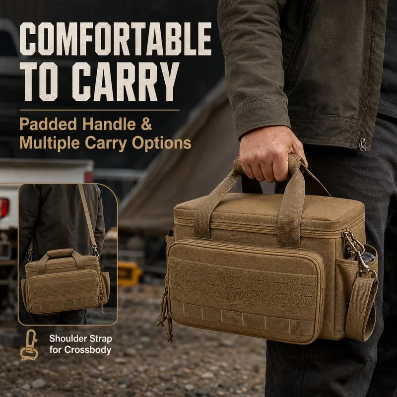 A person holds a tan padded tool bag with multiple carry options, demonstrating its comfortable to carry features.