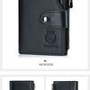 Black genuine leather men's business wallet shown from the front and back views.
